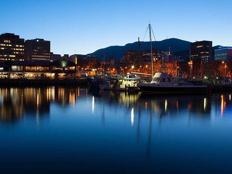 Hobart waterfront and harbour at dusk